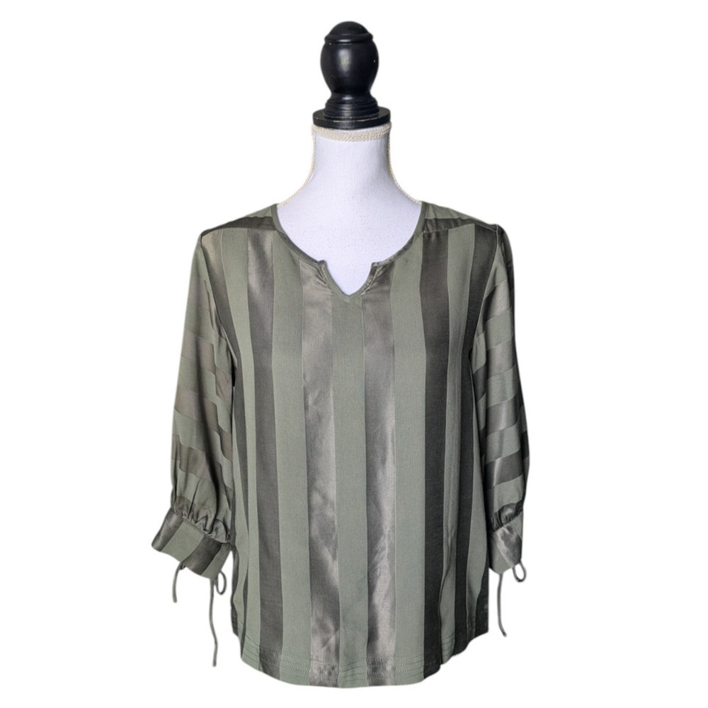 Sita Murt Green Striped Satin V Neck Top Size 38 XS 3/4 Sleeve Portugal Career